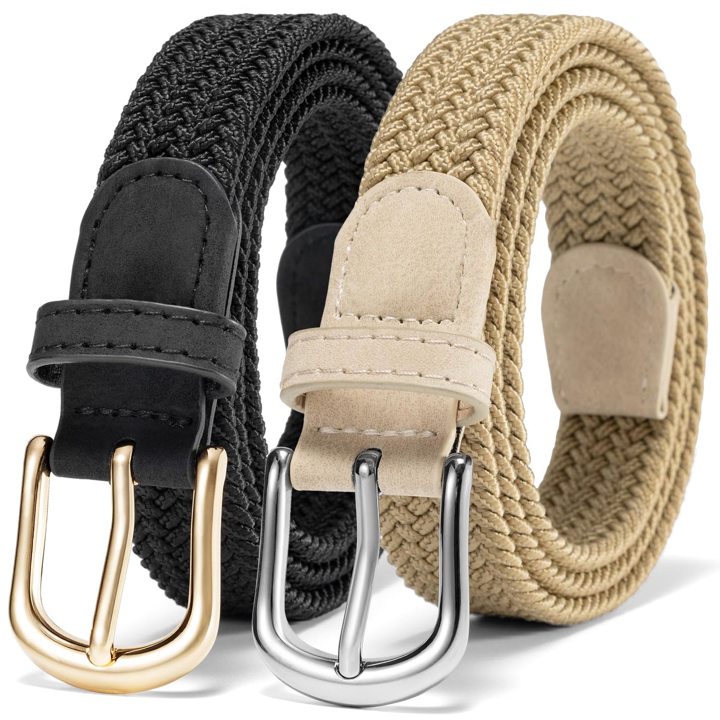 HOT2 Pack Braided Belt for Women, Elastic Woven Stretch Fabric Cloth Belt with Gold Buckle