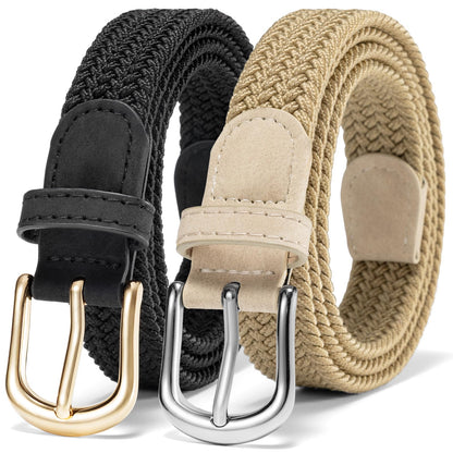 HOT2 Pack Braided Belt for Women, Elastic Woven Stretch Fabric Cloth Belt with Gold Buckle