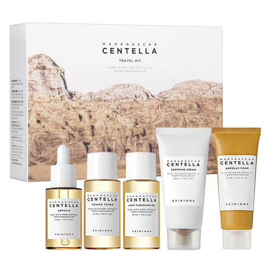 HOTSKIN1004 Centella Travel Kit, Korean Skin Care Set with Toner, Moisturiser, Serum, Cleansing Oil & Cleanser, Travel Size Set with Madagascar Centella, Sensitive Skin, Perfect for Travel Beauty & Gifts