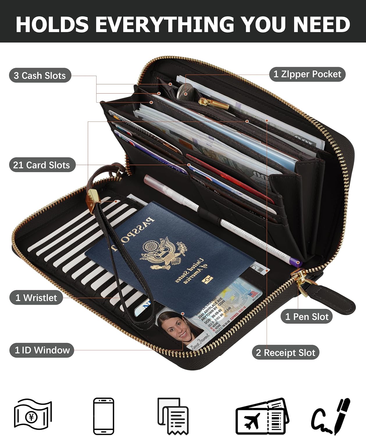 HOTLarge Travel Wallet for Women | RFID Zipper Wallet with AirTag Slot,Passport Holder Clutch with Wristlet