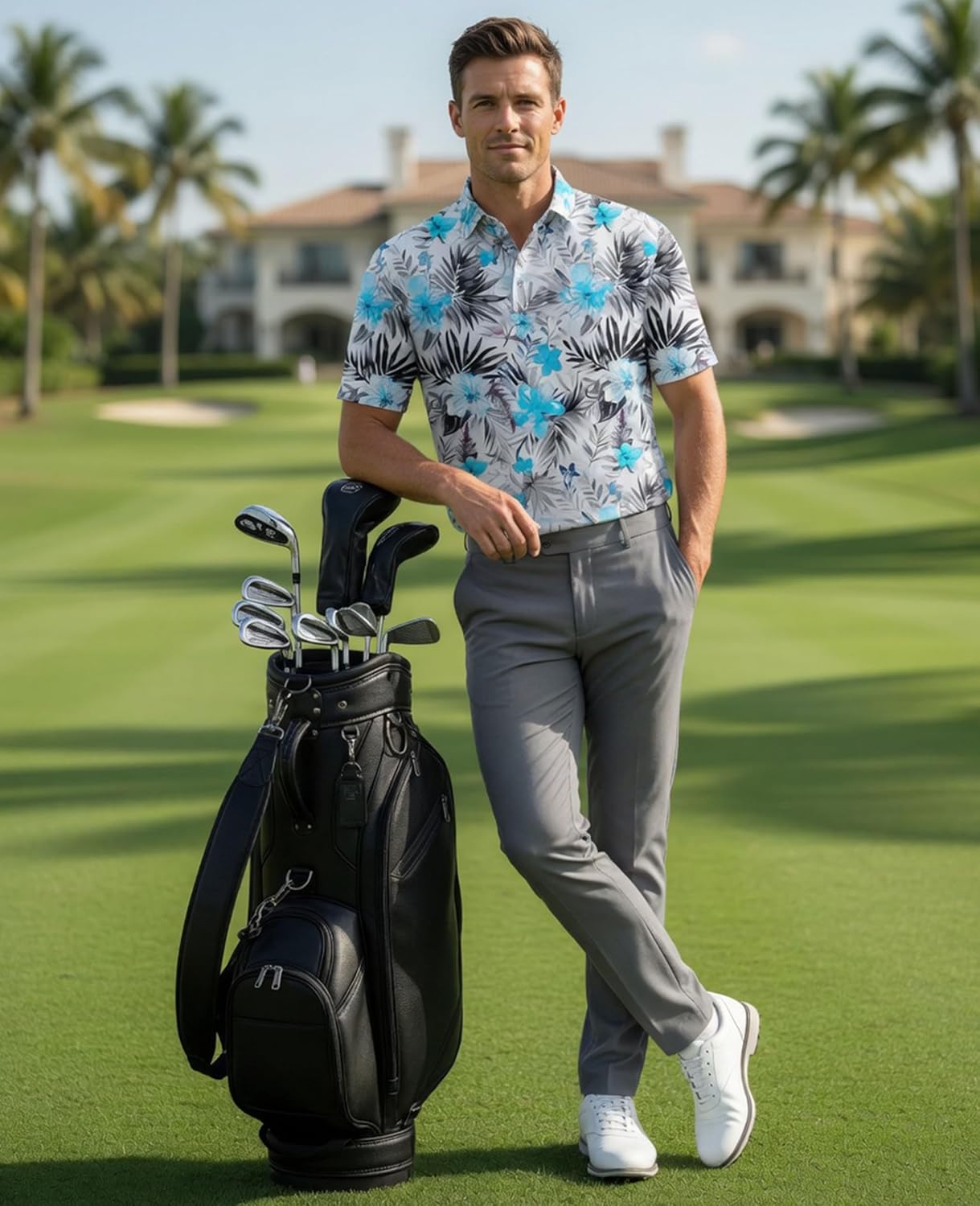 HOTHodaweisolp Golf Shirts for Men Dry Fit Print Moisture Wicking Performance Short Sleeve Polo Shirt