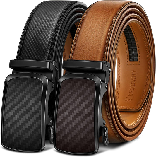 HOTKEMISANT Ratchet Belt For Men 2 Pack,Slide Leather Belt Adjustable For Gift Men Dress Casual Pants Jeans-Cut For Fit