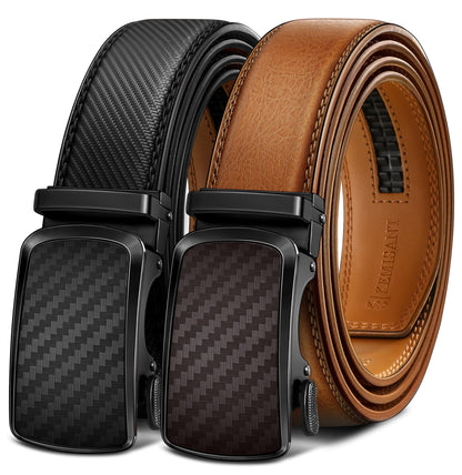 HOTKEMISANT Ratchet Belt For Men 2 Pack,Slide Leather Belt Adjustable For Gift Men Dress Casual Pants Jeans-Cut For Fit