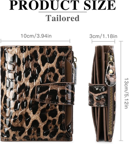 HOTGOIACII Leather Women's Wallet RFID Blocking Credit Card Holder Leopard | Compact, Small, Trifold Billfold with Zipper Coin Pocket, 4 ID Windows