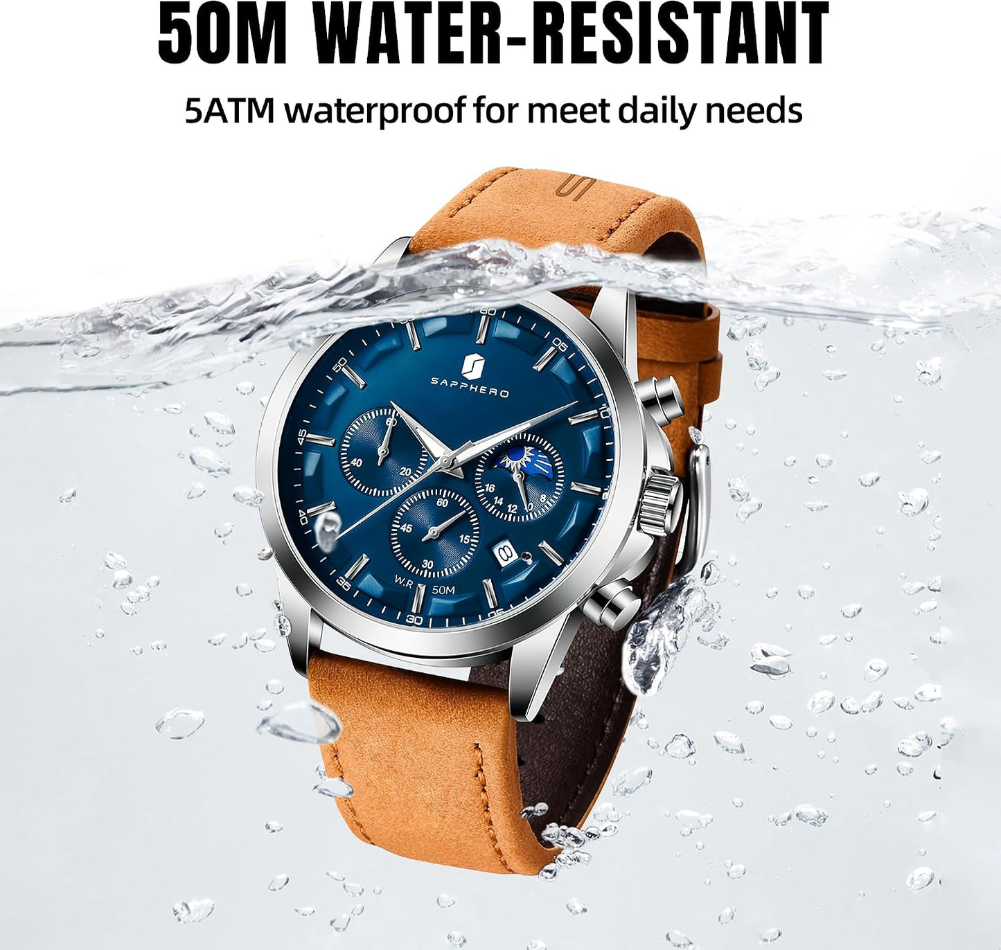 HOTSAPPHERO Chronograph Watches for Men, Original Business Casual Stainless Steel Analog Watch 50M Waterproof Luminous Watches with Date Dial, Mens Gift