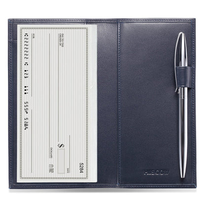 HOTHISCOW Leather Checkbook Cover for Duplicate Checks with Pen Holder | Full grain cowhide, personal check book & register pockets, removable vinyl divider, durable stitching, gifts for women men