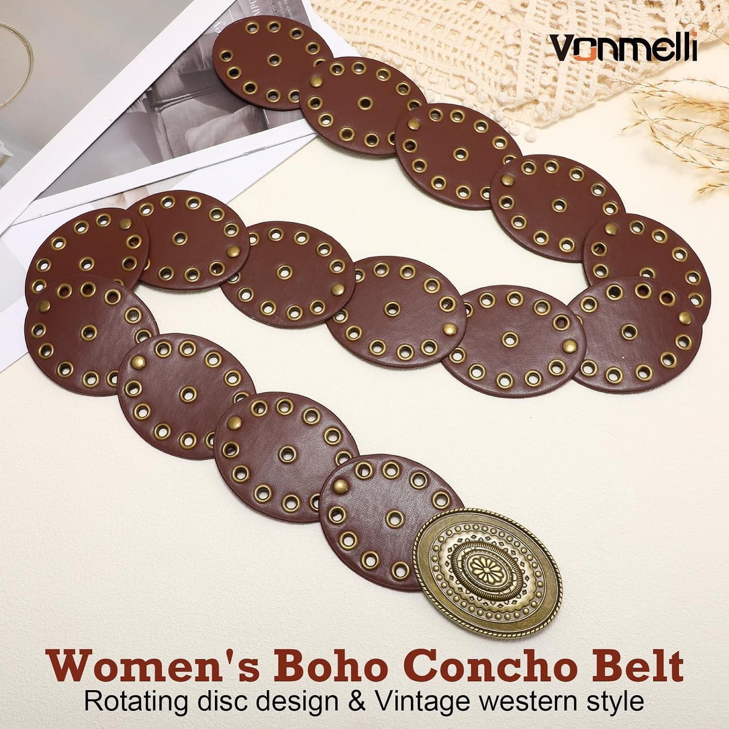 HOTVONMELLI Women Western Disc Belt Cowgirl Concho Leather Belts for Dress Wide Boho Waist Belt for Concert Outfits