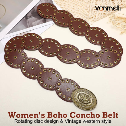 HOTVONMELLI Women Western Disc Belt Cowgirl Concho Leather Belts for Dress Wide Boho Waist Belt for Concert Outfits