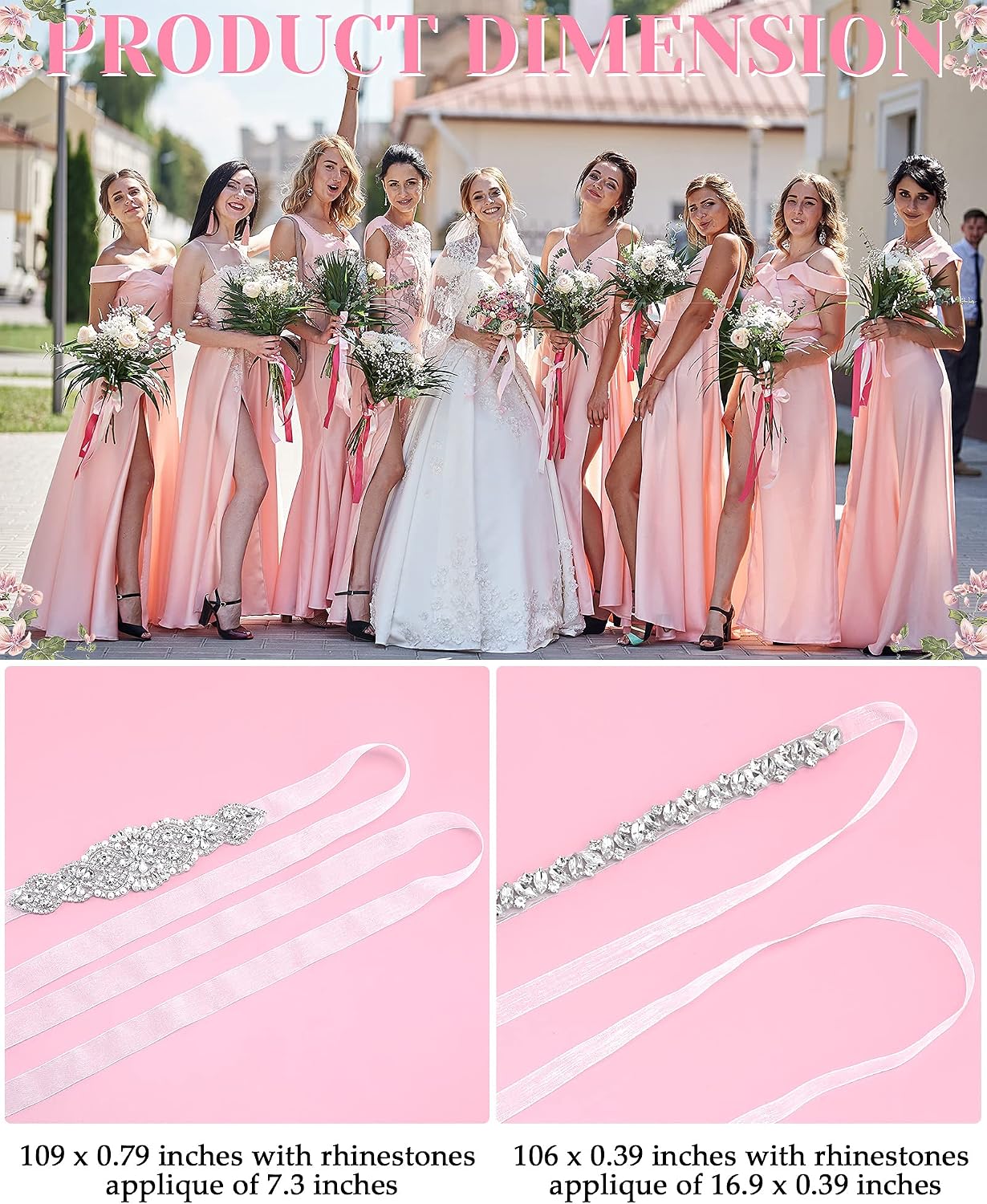 HOTSATINIOR 2 Pieces Rhinestone Bridal Wedding Dress Sash Belt Crystal Diamond Ribbon Wedding Belts for Bridesmaid Dress (White)