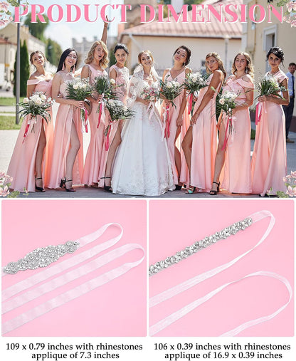 HOTSATINIOR 2 Pieces Rhinestone Bridal Wedding Dress Sash Belt Crystal Diamond Ribbon Wedding Belts for Bridesmaid Dress (White)