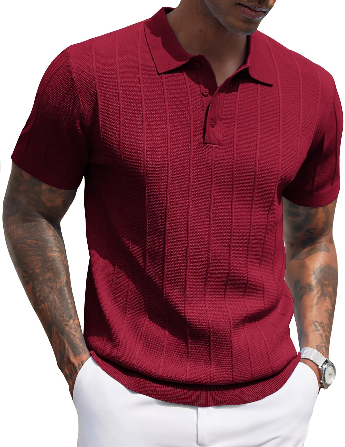 HOTCOOFANDY Mens Knit Polo Shirts Short Sleeve Ribbed Textured Polo Shirt Lightweight Casual Golf Shirts Collared T Shirt