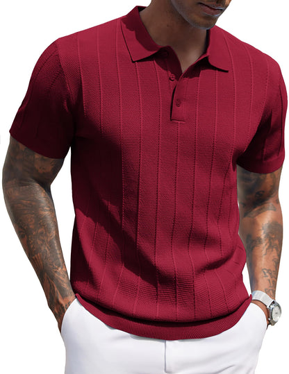 HOTCOOFANDY Mens Knit Polo Shirts Short Sleeve Ribbed Textured Polo Shirt Lightweight Casual Golf Shirts Collared T Shirt