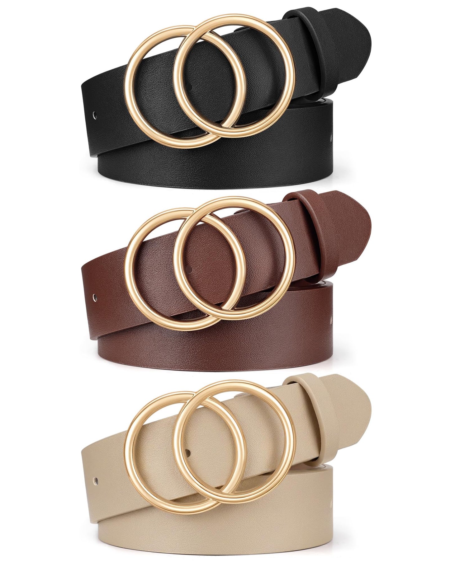 HOTXZQTIVE 3 Packs Women's Leather Belts For Jeans Dresses Pants Fashion Ladies Waist Belt with Double O-Ring Gold Buckle