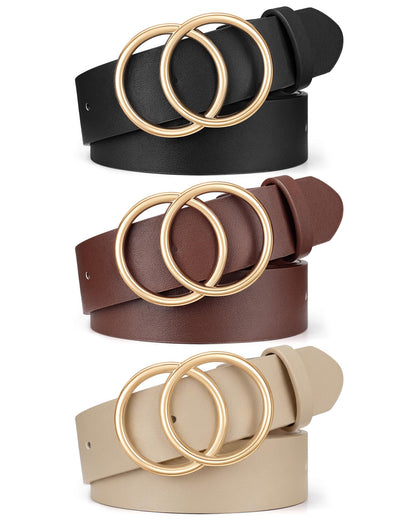 HOTXZQTIVE 3 Packs Women's Leather Belts For Jeans Dresses Pants Fashion Ladies Waist Belt with Double O-Ring Gold Buckle