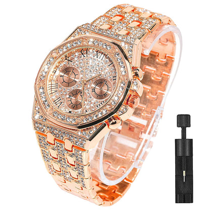 HOTApzzic Diamond Iced Out Watch CZ Gold Plated 40mm Width Roman Numerals Dial Quartz Wristband Watch for Men Women