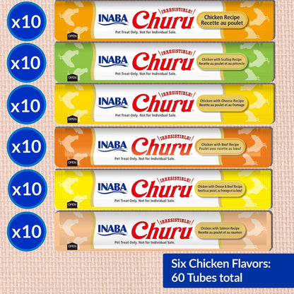 HOTINABA Churu Cat Treats, Lickable, Squeezable Creamy Purée Cat Treat with Green Tea Extract & Taurine, 0.5 Ounces Each Tube, 60 Tubes, Chicken Variety Box