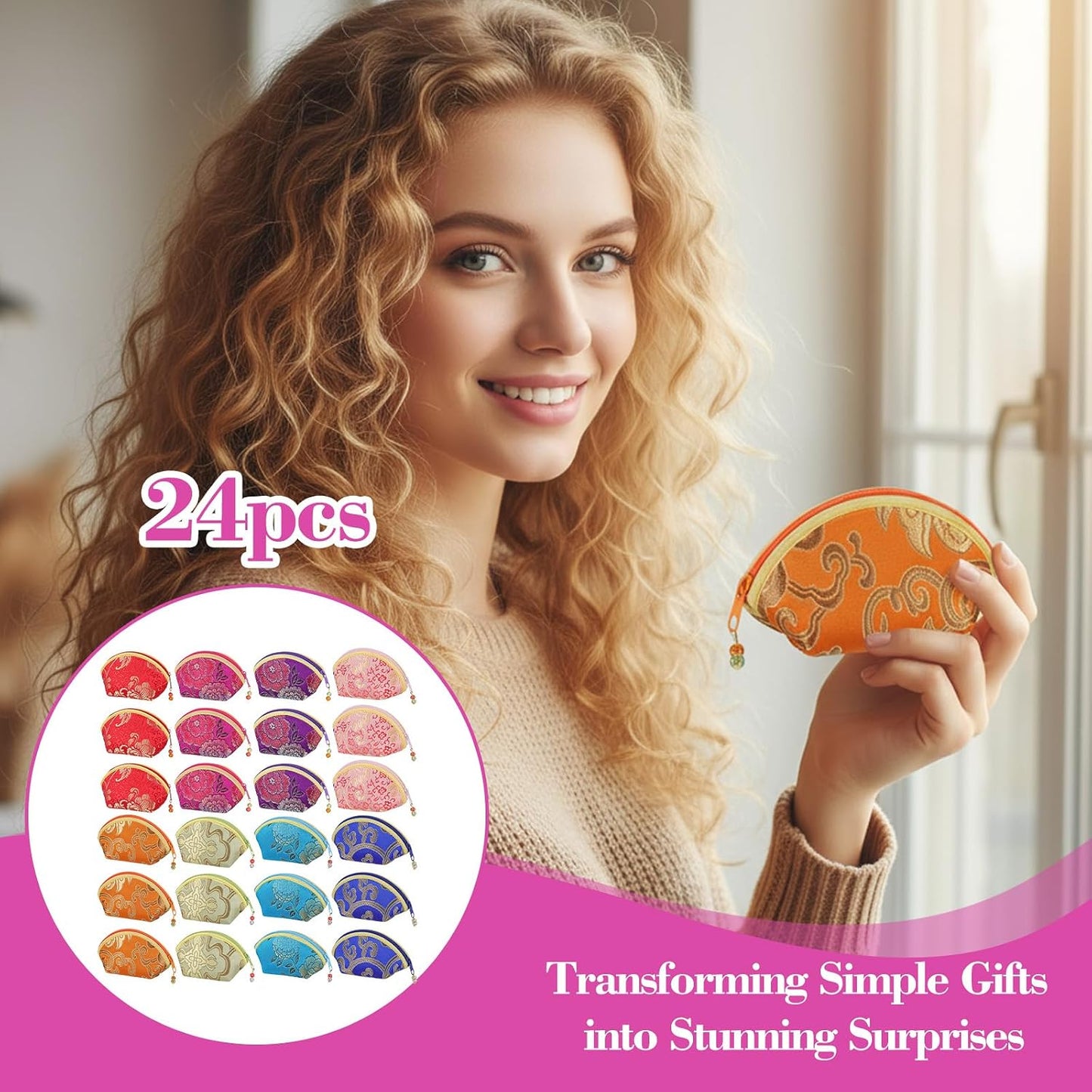 HOT24 Pcs Silk Coin Purse Zipper Purse Embroidery Sugar Jewelry Bag Lipstick Container Coin Wallet Gift Bag