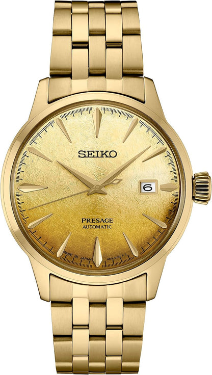 HOTSEIKO Automatic Watch for Men - Presage Cocktail Time - Patterned Dial | Gloss Finish, Date Calendar, Stainless Steel, Water-Resistant 50M, 41-Hour Reserve Power, See-Through Caseback