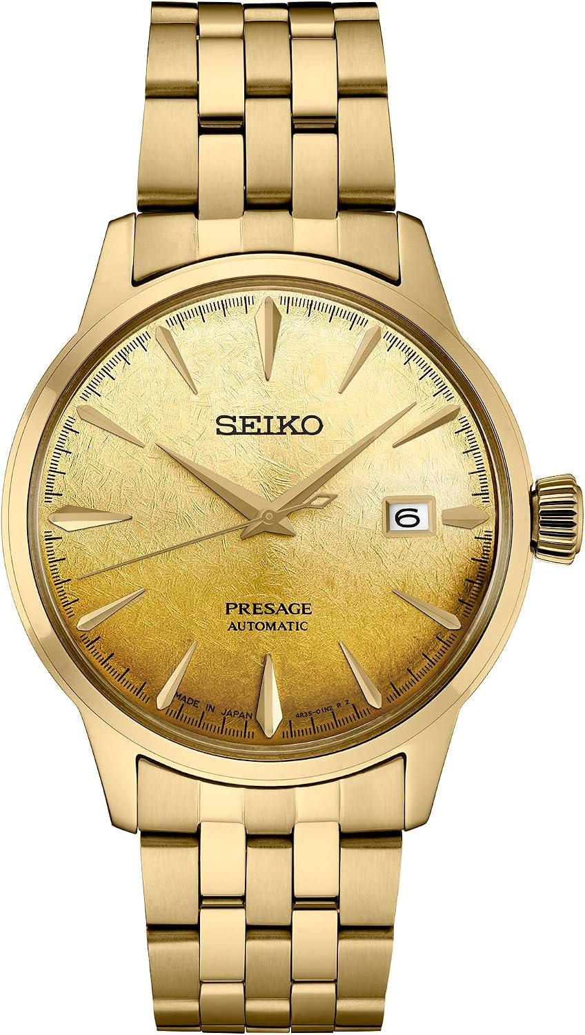 HOTSEIKO Automatic Watch for Men - Presage Cocktail Time - Patterned Dial | Gloss Finish, Date Calendar, Stainless Steel, Water-Resistant 50M, 41-Hour Reserve Power, See-Through Caseback