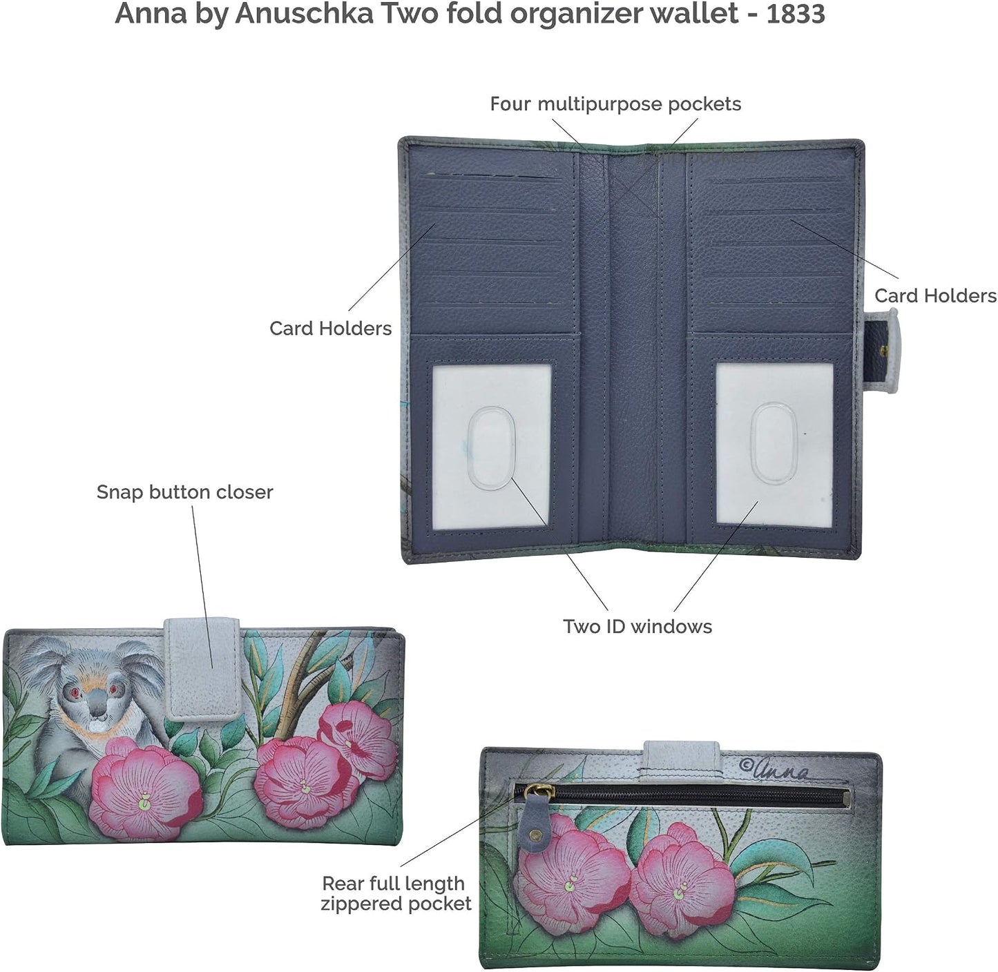 HOTAnna by Anuschka Women's Hand Painted Genuine Leather Two Fold Organizer Wallet