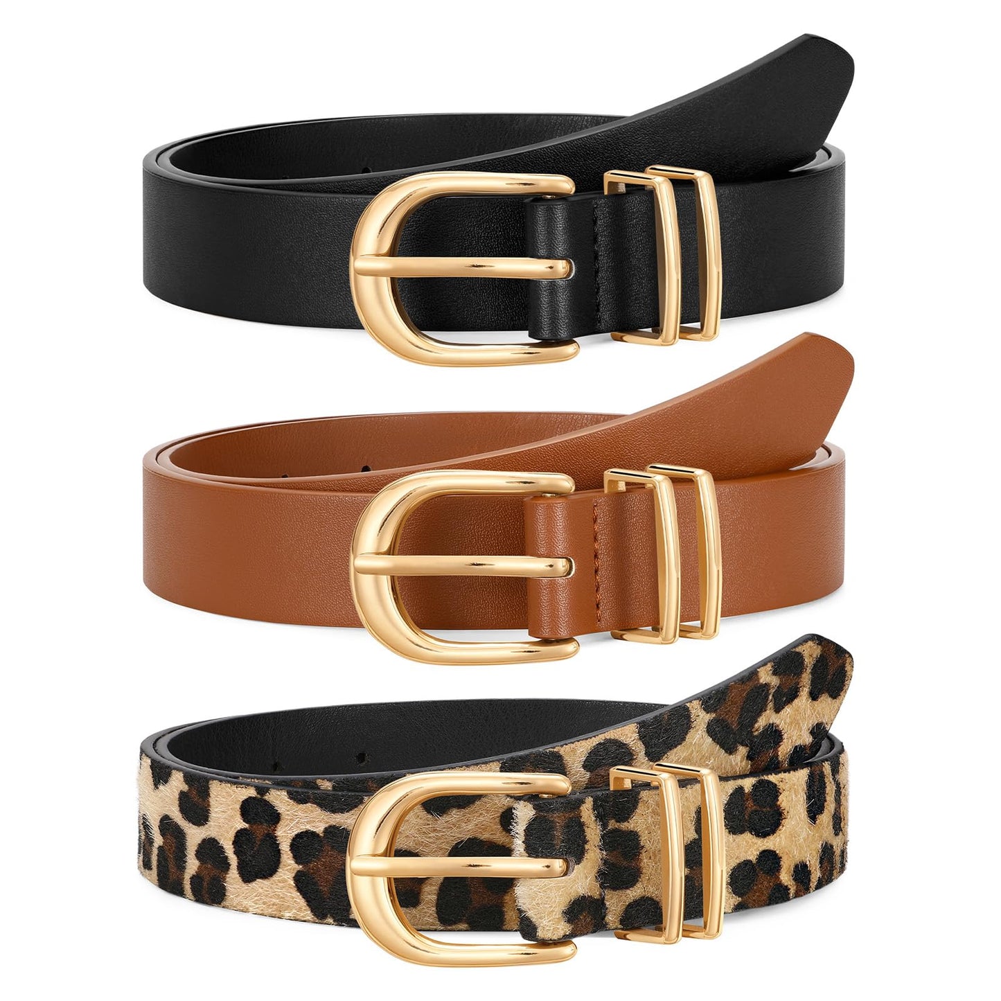 HOTJASGOOD 3 Pack Women Leather Belts For Jeans Dresses Pants Ladies Faux Leather Waist Belt with Gold Buckle