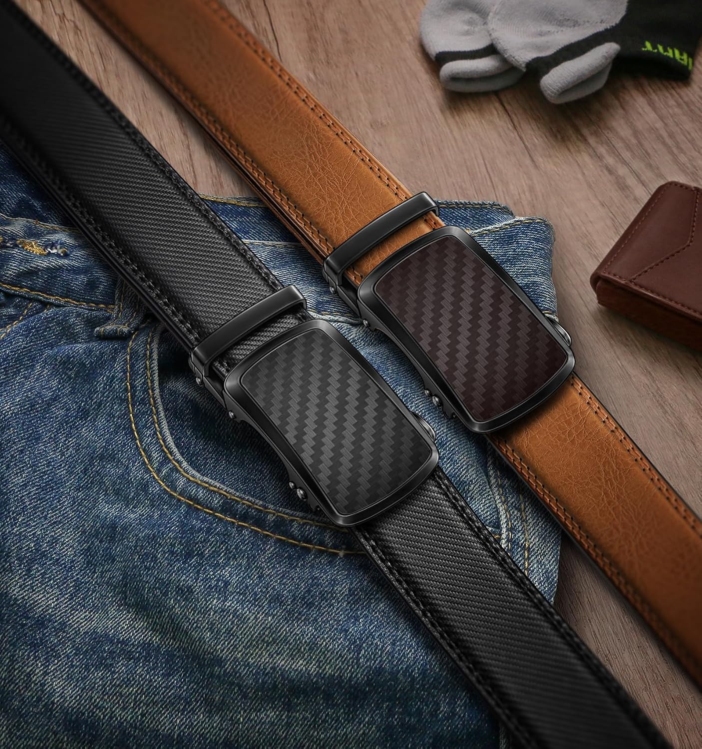 HOTKEMISANT Ratchet Belt For Men 2 Pack,Slide Leather Belt Adjustable For Gift Men Dress Casual Pants Jeans-Cut For Fit