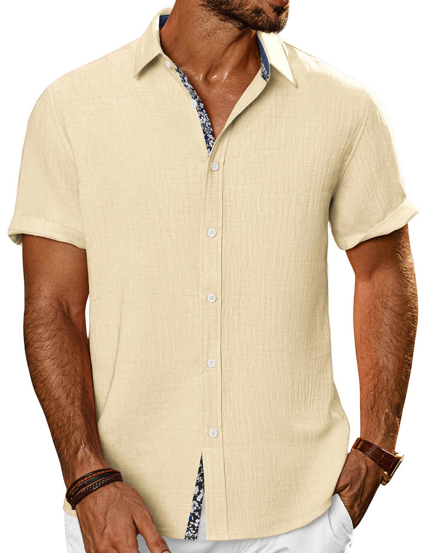 HOTPJ PAUL JONES Mens Short Sleeve Button Down Shirts Casual Summer Clothing | Linen Textured, Summer Beach Vacation Tops, Untucked Dress Shirt, Lightweight, Regular Fit, Fashion Resort Wear