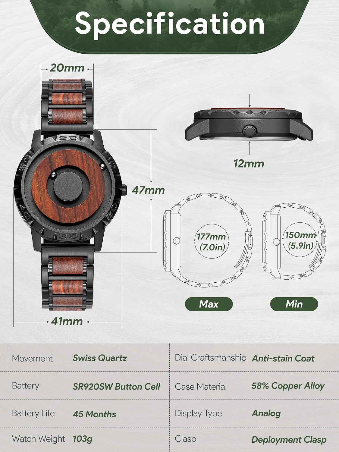 HOTEUTOUR Watches Men's Watch Magnet Watch No Glass Ball Bearing Quartz 40mm Wristwatch for Men with 20mm Bracelet and 3ATM/5ATM Waterproof, Unique Wathes for Men