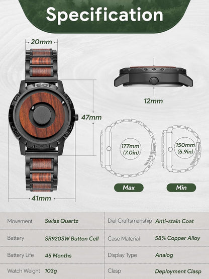 HOTEUTOUR Watches Men's Watch Magnet Watch No Glass Ball Bearing Quartz 40mm Wristwatch for Men with 20mm Bracelet and 3ATM/5ATM Waterproof, Unique Wathes for Men