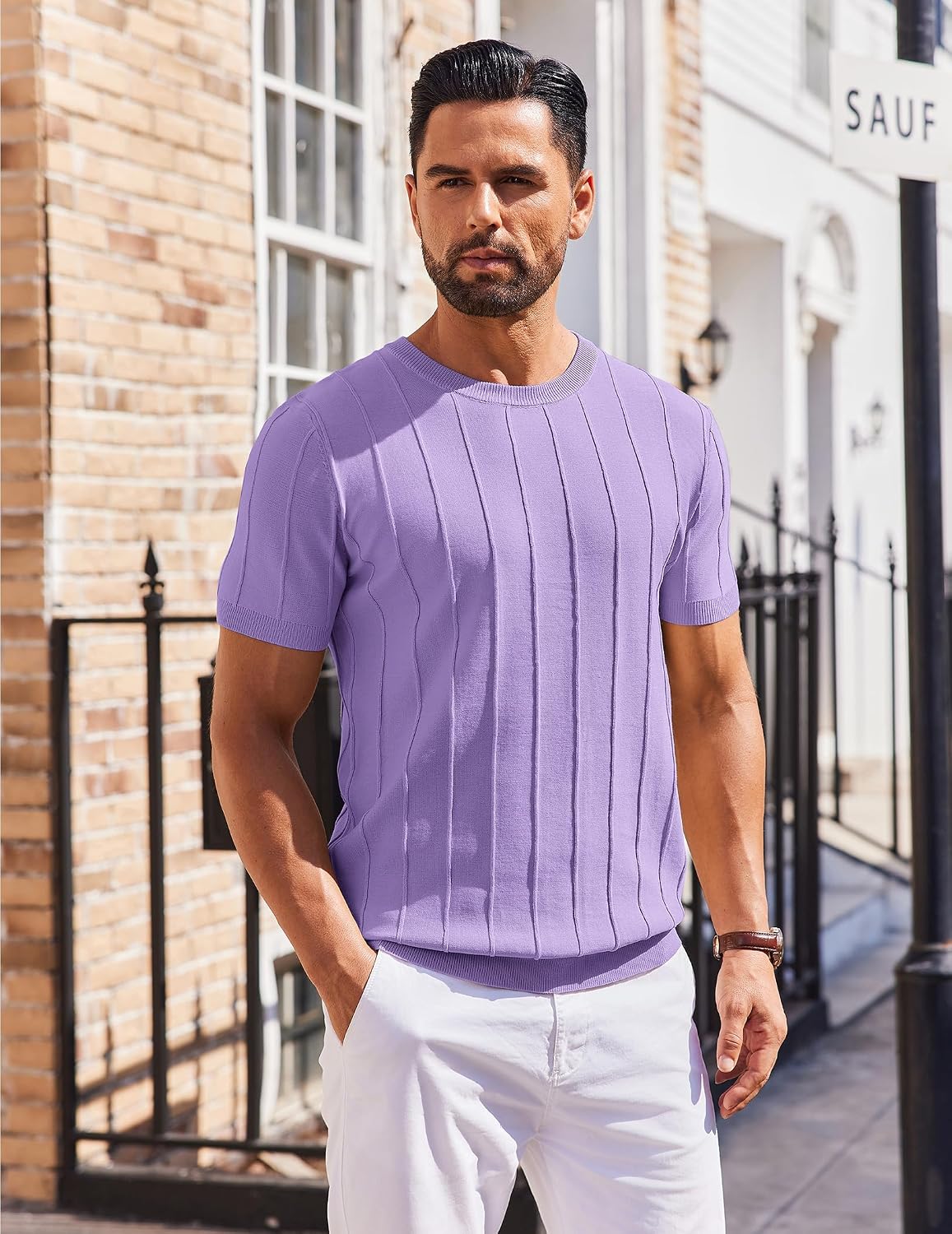 HOTCOOFANDY Men's T- Shirts Short Sleeve Knit Sweater Shirt Casual Crewneck Ribbed Pullover Tees