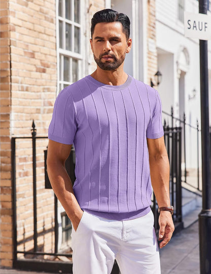 HOTCOOFANDY Men's T- Shirts Short Sleeve Knit Sweater Shirt Casual Crewneck Ribbed Pullover Tees