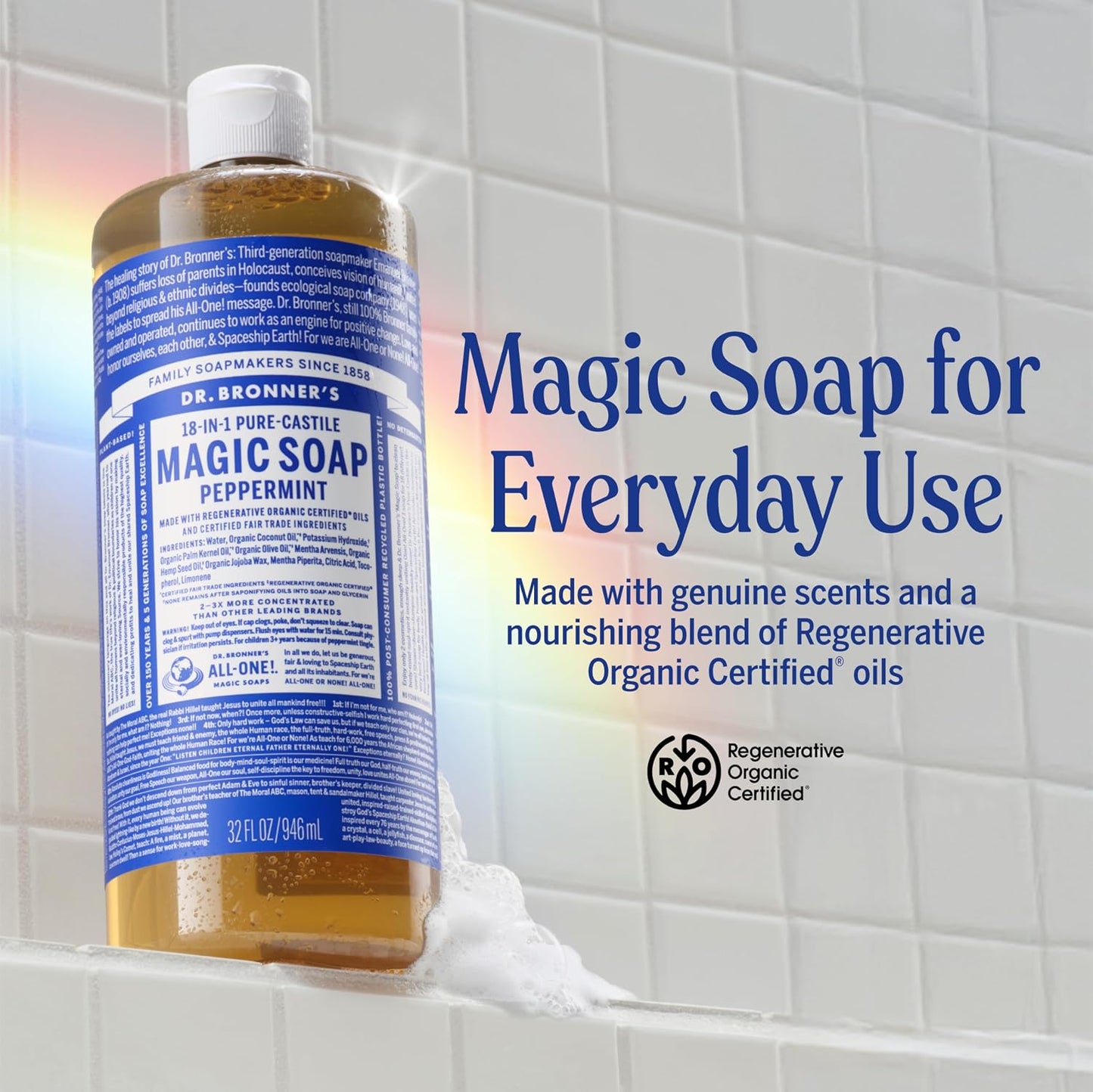 HOTDr. Bronner's Pure-Castile Magic Liquid Soap - Made with Regenerative Organic Certified Oils- 18-in-1 Uses for Face, Body, Hand, Hair, Laundry & More- Vegan, Non-GMO- Body Wash- Peppermint,32oz
