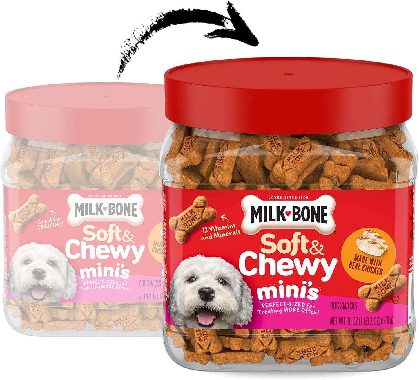 HOTMilk-Bone Soft & Chewy Mini's Dog Training Treats, 18 oz Canister | Made with real chicken breast, small dog treats for training and rewarding, 18% protein, fortified with vitamins and minerals