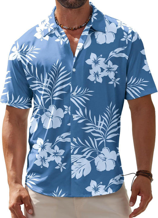 HOTBOJIN Men's Hawaiian Wrinkle Free Short Sleeve Button Down Tropical Floral Beach Vacation Shirt