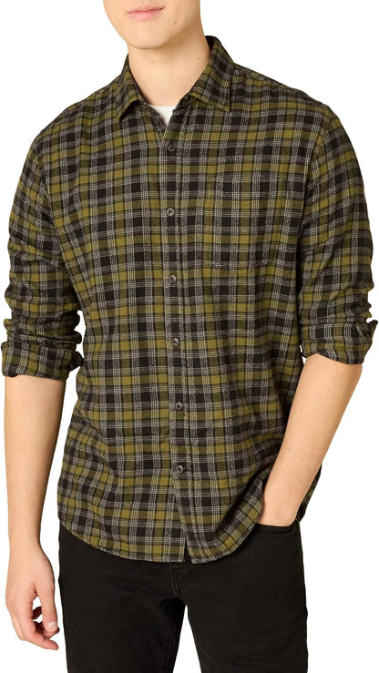HOTAmazon Essentials Men's Regular Fit Long-Sleeve Flannel Shirt, Soft Brushed Cotton, Lightweight yet Warm