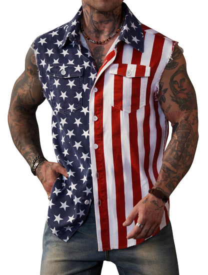 HOTMainfini Men's American Flag Denim Vest 4th of July Sleeveless Jacket With Pockets (S-XXL)