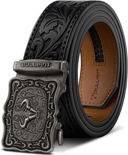 HOTBULLIANT Men Ratchet Western Trimmable Belt 1.5" Adjustable Fit Gift Boxed | Smooth Sliding | Precise Fit | Tailored Size | Holeless for Dress or Casual
