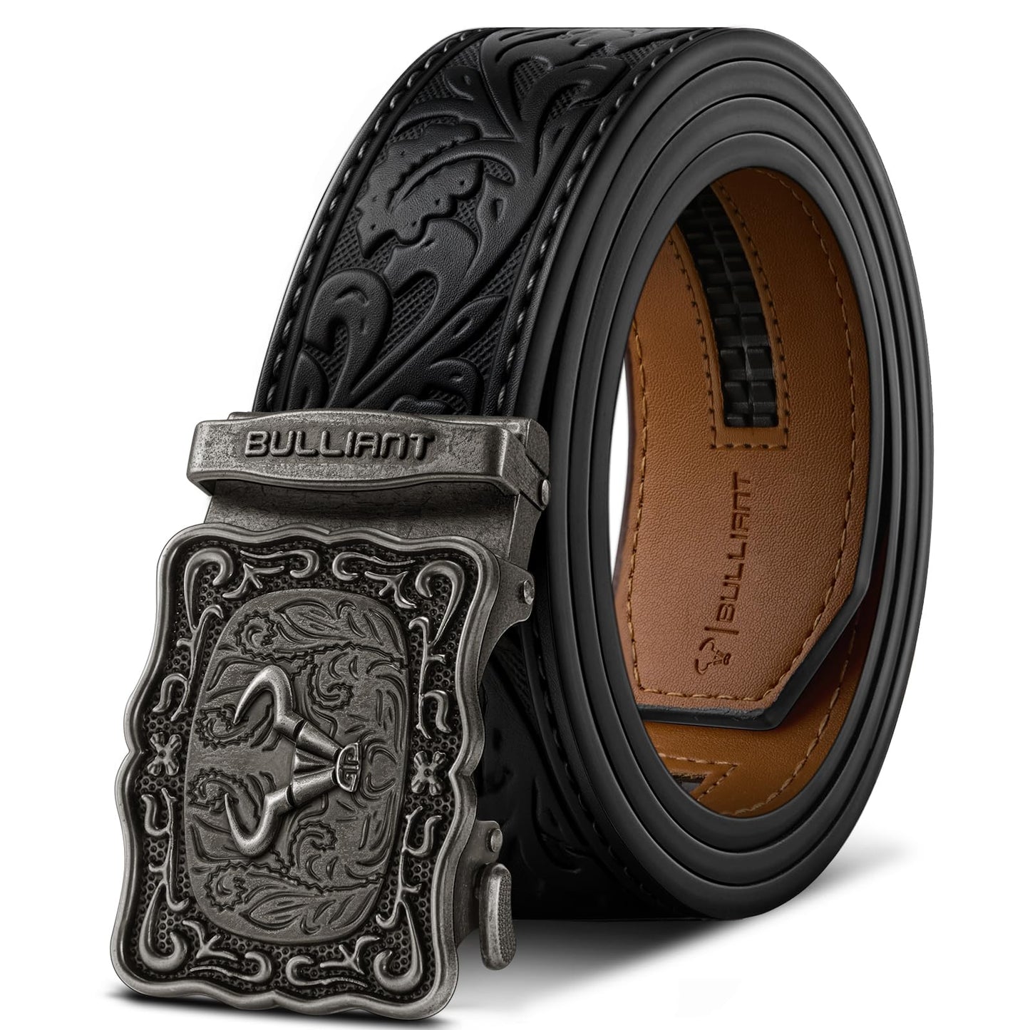 HOTBULLIANT Men Ratchet Western Trimmable Belt 1.5" Adjustable Fit Gift Boxed | Smooth Sliding | Precise Fit | Tailored Size | Holeless for Dress or Casual