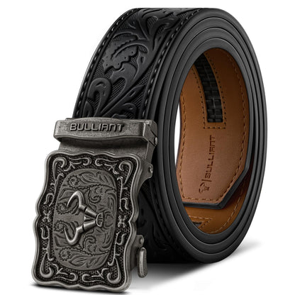 HOTBULLIANT Men Ratchet Western Trimmable Belt 1.5" Adjustable Fit Gift Boxed | Smooth Sliding | Precise Fit | Tailored Size | Holeless for Dress or Casual