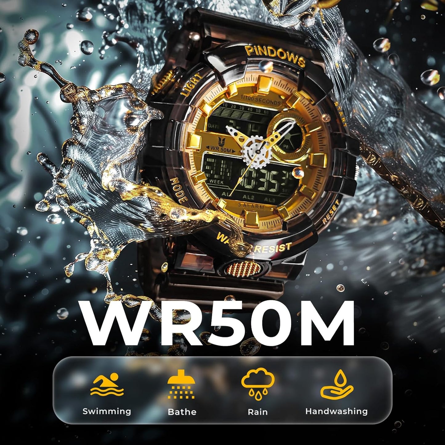 HOTPINDOWS Watches for Men, Transparent Gold Analog Digital Dual Time 50M Waterproof, LED Backlight Multifunctional with Alarms, Stopwatch, Ideal for Sports, Outdoor Activities, and Daily Wear