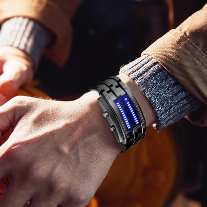 HOTFANMIS Creative Mens Binary Matrix Blue LED Digital Watch Fashion Classic Black Plated Waterproof LED Backlight Bracelet Watches