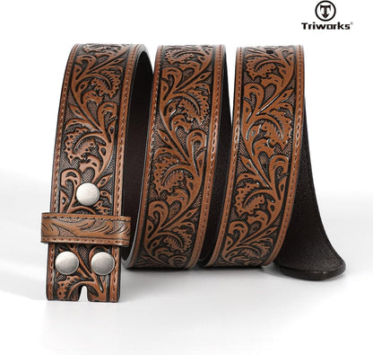HOTTRIWORKS Western Belt Strap for Men without Buckle 1.5" Wide Floral Engraved Embossed Leather Belt Strap