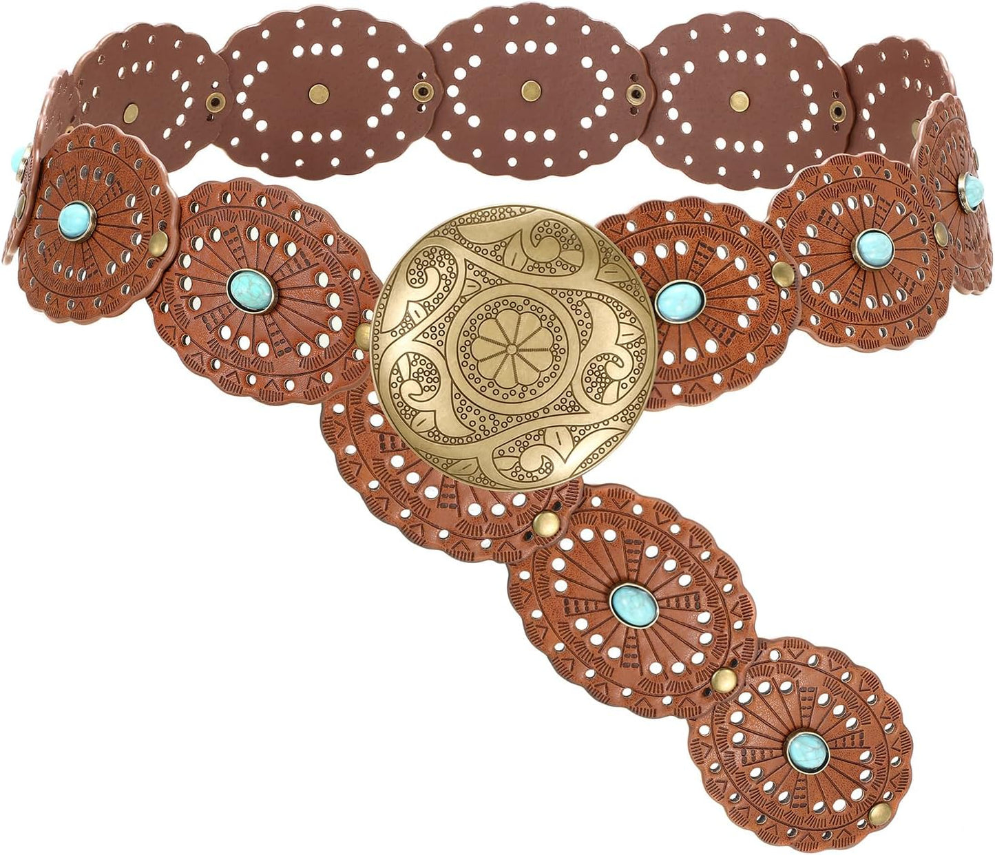 HOTSUOSDEY Wide Western Disc Belt with Turquoise Women Cowgirl Cowboy Boho Country Leather Belts for Jeans Dress, Width 2.36"