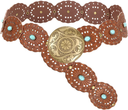 HOTSUOSDEY Wide Western Disc Belt with Turquoise Women Cowgirl Cowboy Boho Country Leather Belts for Jeans Dress, Width 2.36"