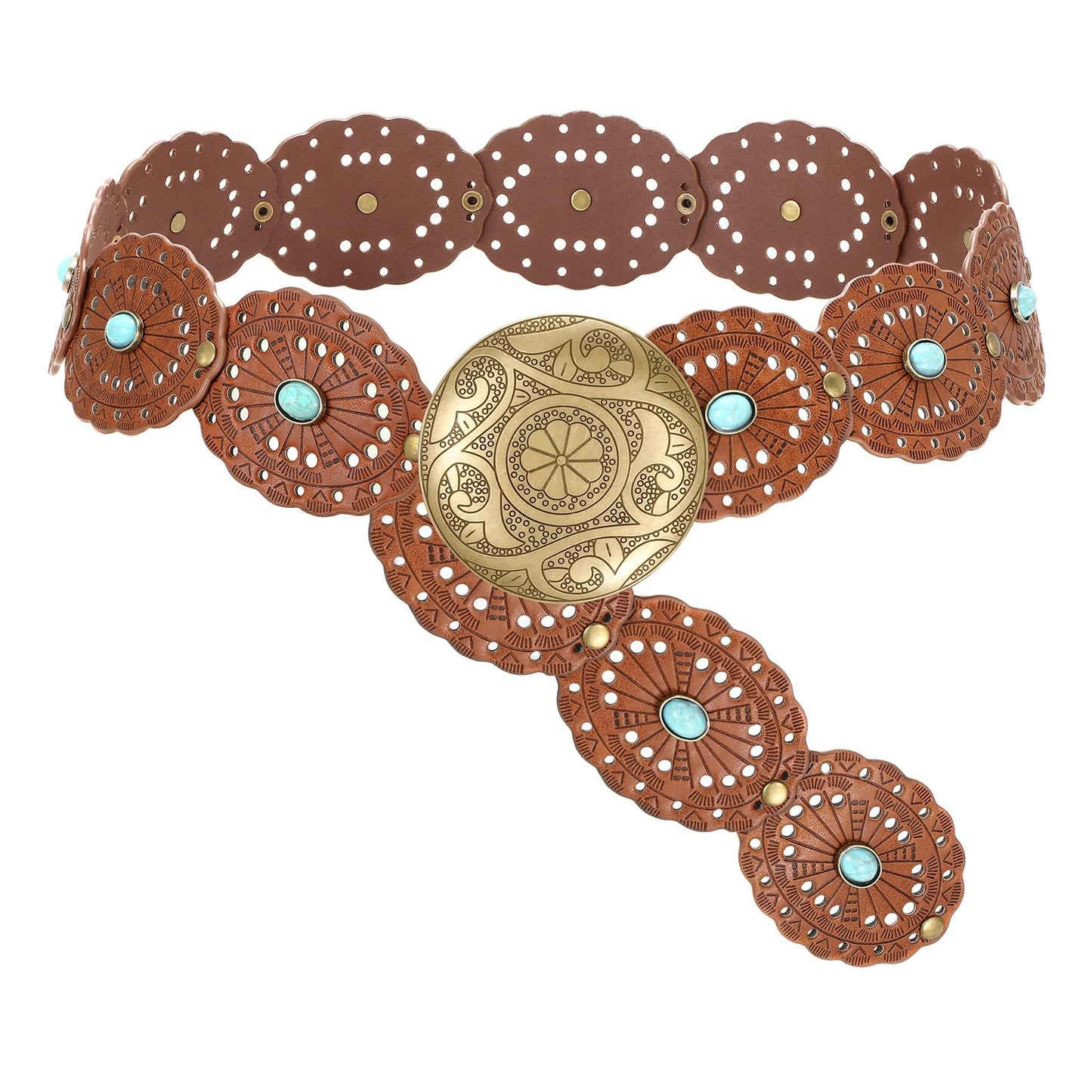 HOTSUOSDEY Wide Western Disc Belt with Turquoise Women Cowgirl Cowboy Boho Country Leather Belts for Jeans Dress, Width 2.36"