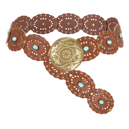 HOTSUOSDEY Wide Western Disc Belt with Turquoise Women Cowgirl Cowboy Boho Country Leather Belts for Jeans Dress, Width 2.36"