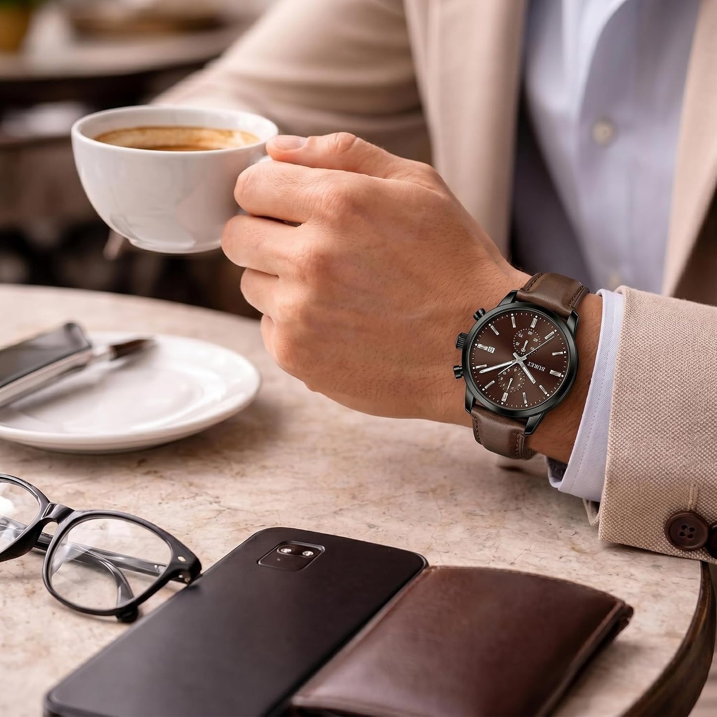 HOTBUREI Men's Leather Watches Chronograph Quartz Watches for Men Classic Cool Lightweight Wristwatch,Gift for Dad Husband Boyfriend