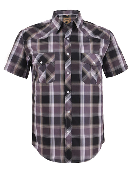 HOTCOEVALS CLUB Men's Western Cowboy Short Sleeve Pearl Snap Casual Plaid Work Shirts