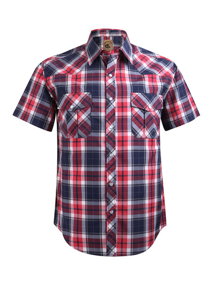 HOTCOEVALS CLUB Men's Western Cowboy Short Sleeve Pearl Snap Casual Plaid Work Shirts