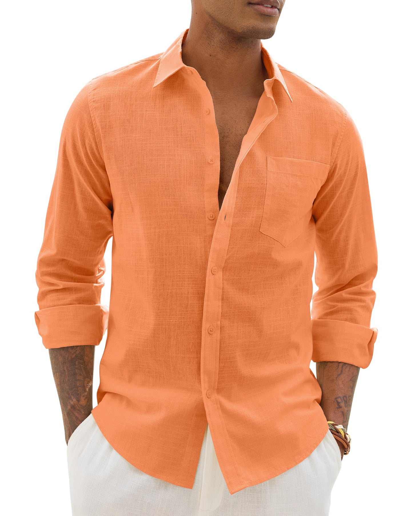 HOTAlimens & Gentle Mens Cotton Linen Textured Shirt Long Sleeve Button Down Shirts Casual Summer Beach Wedding Tops with Pocket